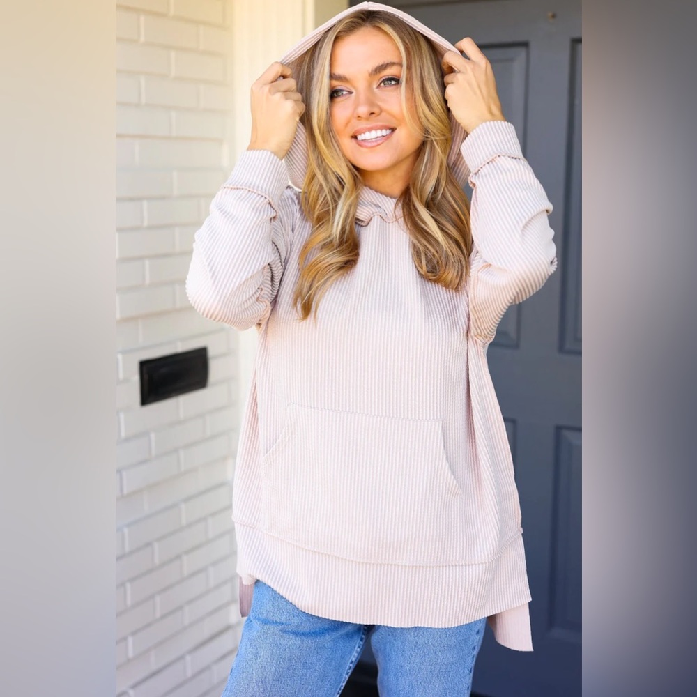Reg. & Plus Size Casual Ivory Mineral Washed Ribbed Knit Lightweight Hoodie